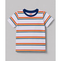 Babyhug 100% Cotton Single Jersey Knit Half Sleeves Striped Dungaree & T-Shirt with Cub Face Applique - Navy
