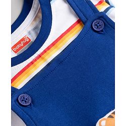 Babyhug 100% Cotton Single Jersey Knit Half Sleeves Striped Dungaree & T-Shirt with Cub Face Applique - Navy