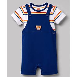 Babyhug 100% Cotton Single Jersey Knit Half Sleeves Striped Dungaree & T-Shirt with Cub Face Applique - Navy