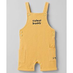 Babyhug 100% Cotton Knit Half Sleeves Striped & Text Embroidered Dungaree Set With T-Shirt - Khaki