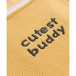 Babyhug 100% Cotton Knit Half Sleeves Striped & Text Embroidered Dungaree Set With T-Shirt - Khaki