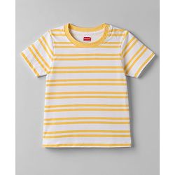 Babyhug 100% Cotton Knit Half Sleeves Striped & Text Embroidered Dungaree Set With T-Shirt - Khaki