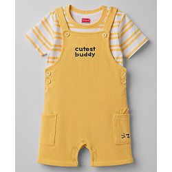 Babyhug 100% Cotton Knit Half Sleeves Striped & Text Embroidered Dungaree Set With T-Shirt - Khaki