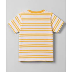 Babyhug 100% Cotton Knit Half Sleeves Striped & Text Embroidered Dungaree Set With T-Shirt - Khaki