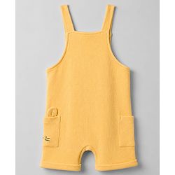 Babyhug 100% Cotton Knit Half Sleeves Striped & Text Embroidered Dungaree Set With T-Shirt - Khaki