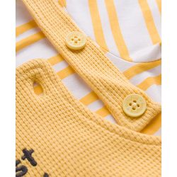 Babyhug 100% Cotton Knit Half Sleeves Striped & Text Embroidered Dungaree Set With T-Shirt - Khaki