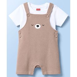 Babyhug 100% Cotton Single Jersey Knit Dungaree & Half Sleeves T-Shirt With Teddy Bear Emboridery - White