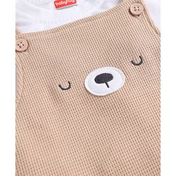 Babyhug 100% Cotton Single Jersey Knit Dungaree & Half Sleeves T-Shirt With Teddy Bear Emboridery - White