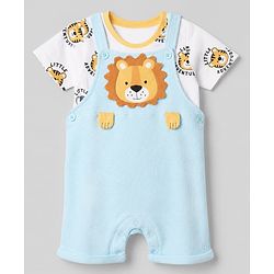 Babyhug 100% Cotton Waffle Knit Half Sleeves Tee and Dungaree with Knee Length and Lion Applique in White for 3-6 Months