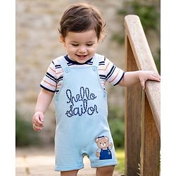 Babyhug 100% Cotton Knit Half Sleeves Striped & Bear Text Printed Dungaree With Inner Tee - Light Blue