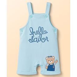Babyhug 100% Cotton Knit Half Sleeves Striped & Bear Text Printed Dungaree With Inner Tee - Light Blue