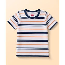 Babyhug 100% Cotton Knit Half Sleeves Striped & Bear Text Printed Dungaree With Inner Tee - Light Blue