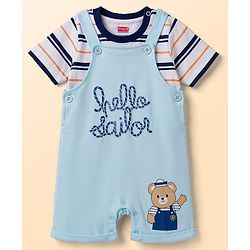 Babyhug 100% Cotton Knit Half Sleeves Striped & Bear Text Printed Dungaree With Inner Tee - Light Blue
