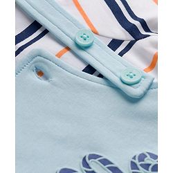 Babyhug 100% Cotton Knit Half Sleeves Striped & Bear Text Printed Dungaree With Inner Tee - Light Blue