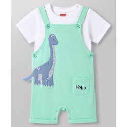 Babyhug 100% Cotton Single Jersey Knit Half Sleeves Dino Applique Dungaree With Inner Tee - White