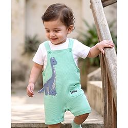 Babyhug 100% Cotton Single Jersey Knit Half Sleeves Dino Applique Dungaree With Inner Tee - White