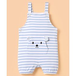 Babyhug 100% Cotton Knit Half Sleeves Striped & Animal Embroidered Dungaree With Text Printed Tee - Light Blue