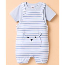 Babyhug 100% Cotton Knit Half Sleeves Striped & Animal Embroidered Dungaree With Text Printed Tee - Light Blue