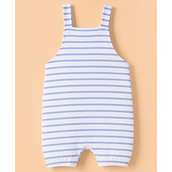 Babyhug 100% Cotton Knit Half Sleeves Striped & Animal Embroidered Dungaree With Text Printed Tee - Light Blue