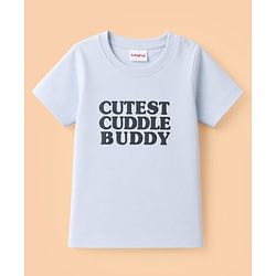 Babyhug 100% Cotton Knit Half Sleeves Striped & Animal Embroidered Dungaree With Text Printed Tee - Light Blue