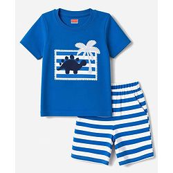 Babyhug 100% Cotton Interlock Knit Half Sleeves T-Shirt & Striped Shorts With Dino Print - Blue