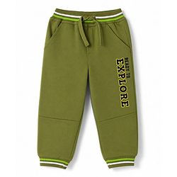 Babyhug 100% Cotton Terry Knit Full Length Joggers With Ready To Explore Text Print - Green