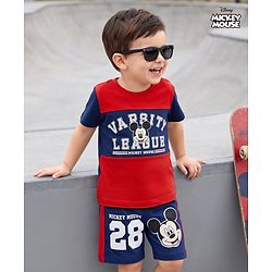 Babyhug Disney Single Jersey Knit Half Sleeves T-Shirt & Shorts Set With Mickey Mouse Graphics - Multicolor
