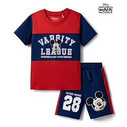 Babyhug Disney Single Jersey Knit Half Sleeves T-Shirt & Shorts Set With Mickey Mouse Graphics - Multicolor