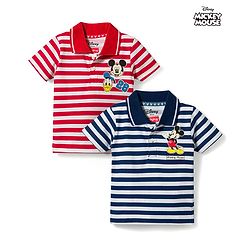Babyhug Disney Single Jersey Knit Half Sleeves Polo T-Shirt with Stripes & Mickey Mouse Print Pack of 2 - Multicolour