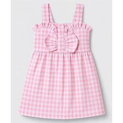 Babyhug Seer Sucker 100% Cotton Woven Sleeveless Top with Bow Applique and Checks Print - Pink