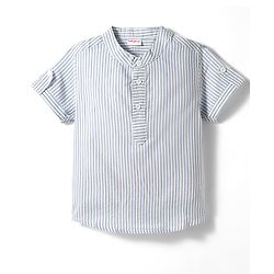Babyhug Cotton Woven Half Sleeves Striped Kurta Style Shirt & Denim Shorts Set - Blue