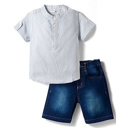 Babyhug Cotton Woven Half Sleeves Striped Kurta Style Shirt & Denim Shorts Set - Blue