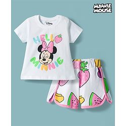 Babyhug Disney Half Sleeves T-Shirt & Shorts Night Suit With Minnie Mouse Graphics - White