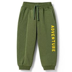Babyhug 100% Cotton Terry Knit Full Length Lounge Pant Text Print - Olive