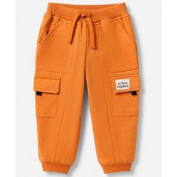 Babyhug Cotton Terry Full Length Knit Track Pant with Ribbed Waist and Explore Patch in Rust Orange
