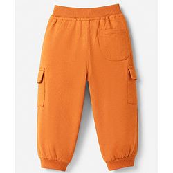Babyhug Cotton Terry Full Length Knit Track Pant with Ribbed Waist and Explore Patch in Rust Orange
