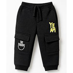 Babyhug Cotton Terry Knit Full Length Track Pant with Yeah Print - Black