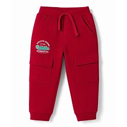 Babyhug Cotton Terry Knit Jogger Fit Track Pant with Cargo Pocket & Brooklyn Text - Red