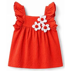 Babyhug 100% Cotton Dobby Woven Sleeveless Top With Floral Applique - Red