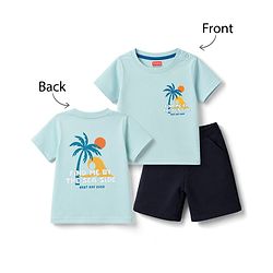 Babyhug 100% Cotton Single Jersey Knit Half Sleeves T-Shirt & Shorts Set With Tropical Theme - Sea Green