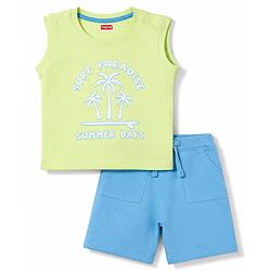 Babyhug 100% Cotton Single Jersey Knit Sleeveless T-Shirt & Shorts Set With Tropical Theme - Limegreen & Blue