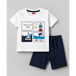 Babyhug 100% Cotton Single Jersey Knit Half Sleeves T-Shirt & Shorts Set With Tropical Theme - White & Navy Blue