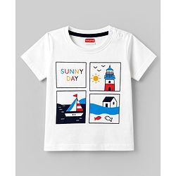 Babyhug 100% Cotton Single Jersey Knit Half Sleeves T-Shirt & Shorts Set With Tropical Theme - White & Navy Blue