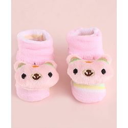 Cute Walk by Babyhug Fabric Socks Shoes With Large Teddy Bear Applique - Pink