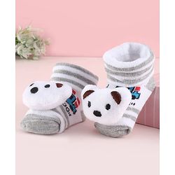 Cute Walk by Babyhug Fabric Striped Socks Shoes With Large Teddy Bear Applique - White