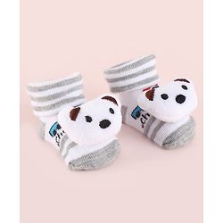 Cute Walk by Babyhug Fabric Striped Socks Shoes With Large Teddy Bear Applique - White