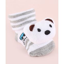 Cute Walk by Babyhug Fabric Striped Socks Shoes With Large Teddy Bear Applique - White
