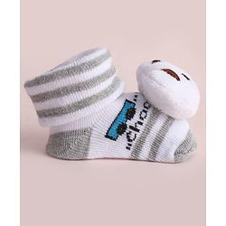 Cute Walk by Babyhug Fabric Striped Socks Shoes With Large Teddy Bear Applique - White