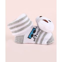 Cute Walk by Babyhug Fabric Striped Socks Shoes With Large Teddy Bear Applique - White