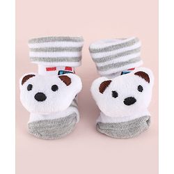 Cute Walk by Babyhug Fabric Striped Socks Shoes With Large Teddy Bear Applique - White